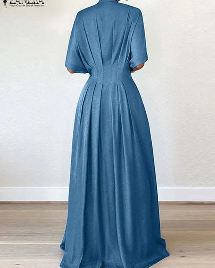 ZANZEA Women Short Sleeve Buttons Shirtdress Fashion Waisted Maxi Dress Vintage Solid Stand Collar Streetwear Pleated Long Robes