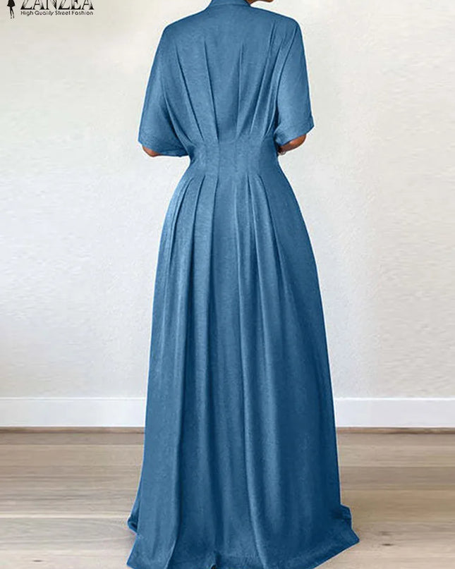 ZANZEA Women Short Sleeve Buttons Shirtdress Fashion Waisted Maxi Dress Vintage Solid Stand Collar Streetwear Pleated Long Robes