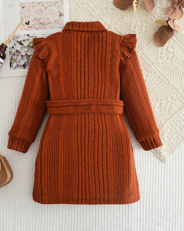 Kids outfits Girls' Woolen Dress 2023 New Children's Autumn Winter New High Neck Flying Sleeve Lace up Knitted Long Sleeve Dress