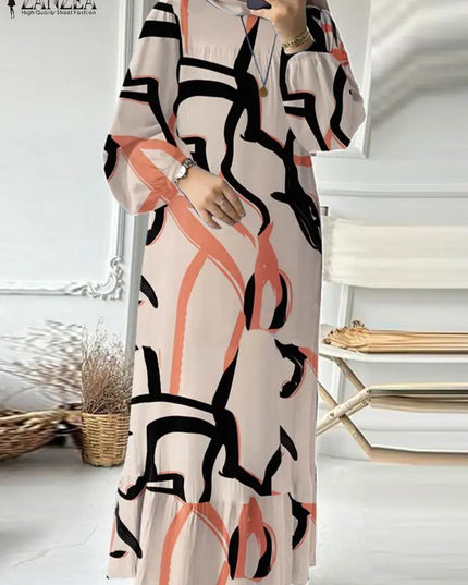 Dress Bohemian Muslim Long Dress Autumn Floral Sundress Fashion Printed Abaya Women Long Sleeve Robe Vestidos Islamic Clothing