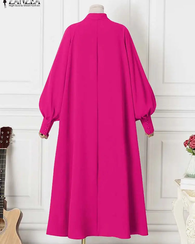 ZANZEA Fashion Tie Neck Maxi Dress Women Casual Loose Long Puff Sleeve Long Robes 2023 Autumn Solid Vestidos Holiday Party Dress