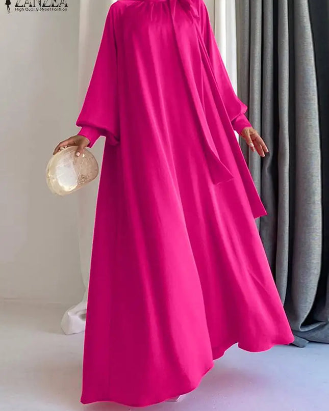 ZANZEA Fashion Tie Neck Maxi Dress Women Casual Loose Long Puff Sleeve Long Robes 2023 Autumn Solid Vestidos Holiday Party Dress