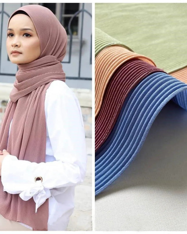 Hijab Muslim Women Solid Pleated Chiffon Scarf Stripe Hijab Wrinkle Shawls Wrap Woman Plain Crinkle Turbante Long Headband Maxi Wrap