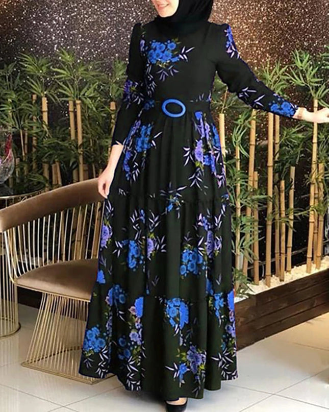 Dress Women Long Sleeve Muslim Abaya Dress Ethnic Floral Print Belt Maxi Kaftan Robe Satin Corset Long Sleeve Dresses