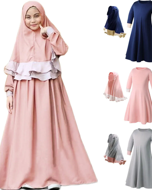 Kids Outfits- Girls 2 Piece Sets Muslim Girls Dress Hijab Abaya Robe Arab Dubai Children Ramadan Kaftan Headscarf Islamic Eid Khimar Abayas Set