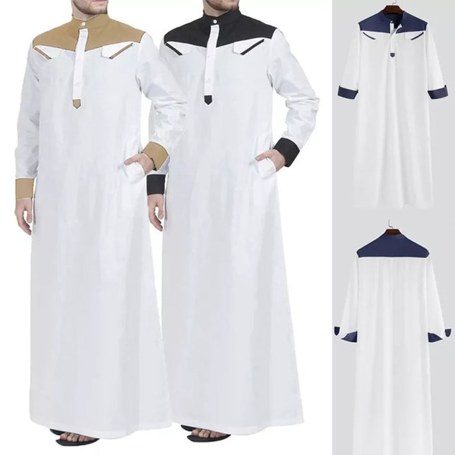 Jubba Traditional Muslim Clothing Contrast Color Muslim Dress Middle East Jubba Thobe Men Robe w/ Long Sleeves Mandarin Neck