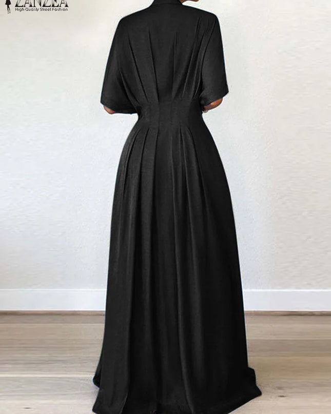 ZANZEA Women Short Sleeve Buttons Shirtdress Fashion Waisted Maxi Dress Vintage Solid Stand Collar Streetwear Pleated Long Robes