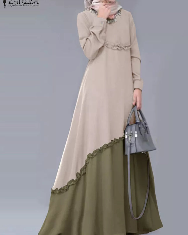 Dress O-Neck Long Sleeve Contrast Color Islamic Clothing Vestidos Women Muslim Dress Elegant Casual Loose Abaya Hijab Robe 2023