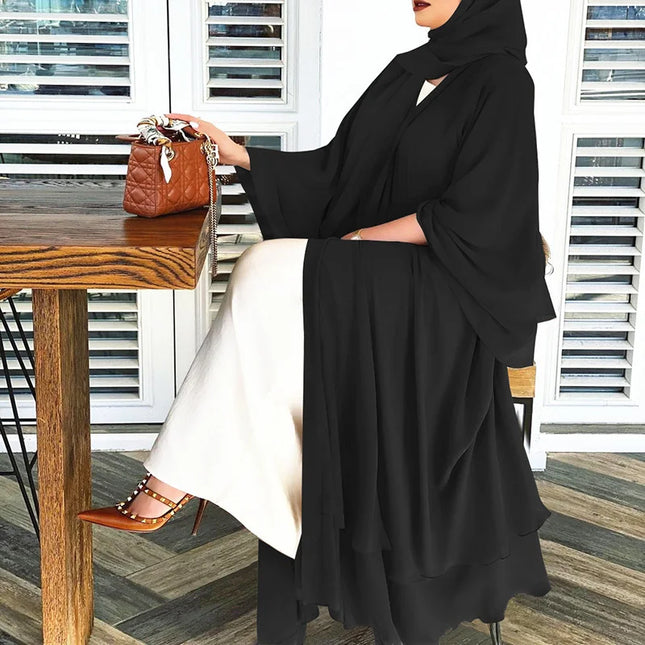 Abayas Luxury Double Layer Abayas For Woman Soft Black Chiffon Kaftan Dubai Abaya Cardigan Dresses Muslim Women Clothing