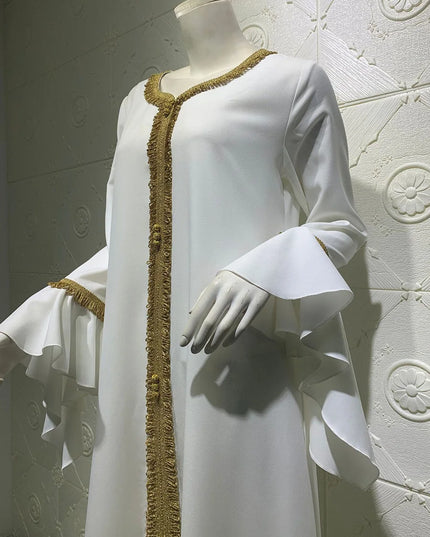 Dress iskakia Jalabiya Kaftan Dress For Women Dubai Turkey Golden Ribbon Embroidery Loose Muslim Arabic Islamic Clothing White 2020