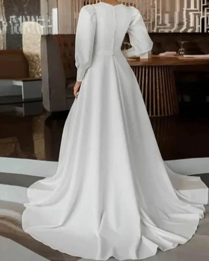 Wedding Gown OYISHA Bridal Wedding Dress Muslim Puff Long Sleeves O-Neck Satin Modern Style A-Line Sweep Train Robe De Mariée 2024 Bridal