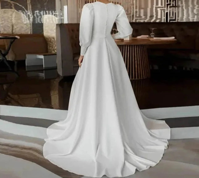 Wedding Gown OYISHA Bridal Wedding Dress Muslim Puff Long Sleeves O-Neck Satin Modern Style A-Line Sweep Train Robe De Mariée 2024 Bridal