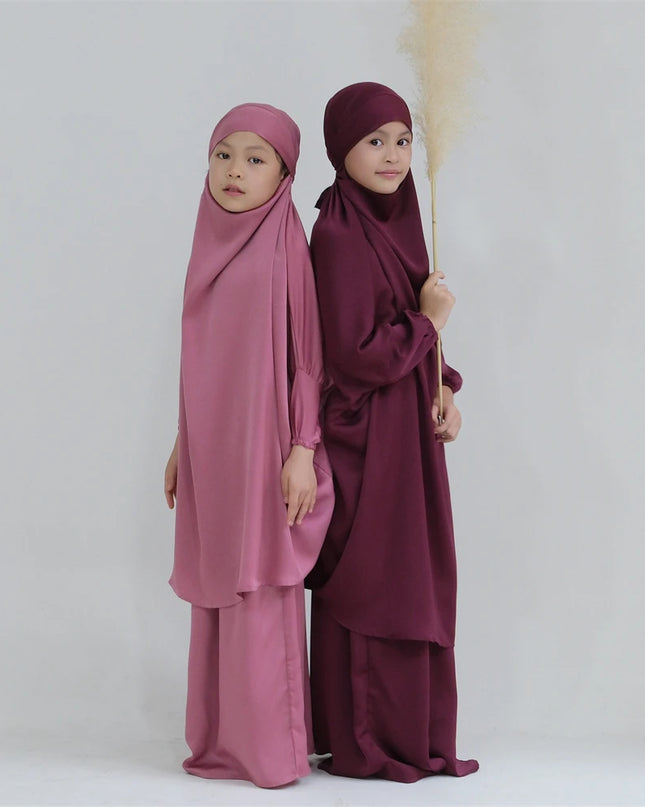 Kids Outfits Prayer Garment Muslim Girls Long Khimar Hijab Turkey Abaya Islamic Skirt Set Full Cover Robe Ramadan