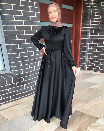 Dress Kimono Muslim Elegant Satin Dress-Casual Dubai Style