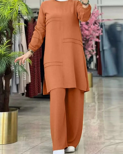 2 Piece Set Autumn Elegant Full  Sleeve Blouse Wide Leg Pants Dubai Abaya Turkey Kaftan Women Matching Set