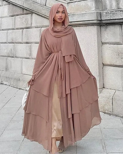 Abaya Chiffon Open Abaya Layered Women Kaftan Dubai Luxury Turkey Muslim Dress Islam Robe African Kimono Femme Clothing Caftan Fashion