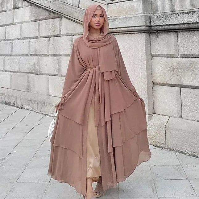 Abaya Chiffon Open Abaya Layered Women Kaftan Dubai Luxury Turkey Muslim Dress Islam Robe African Kimono Femme Clothing Caftan Fashion